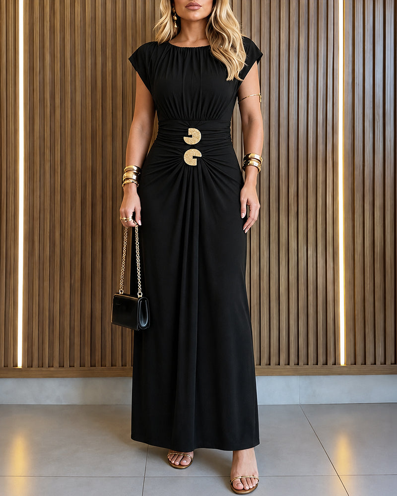 Women's Boat Neck Ruched Maxi Dress with Gold Buckle