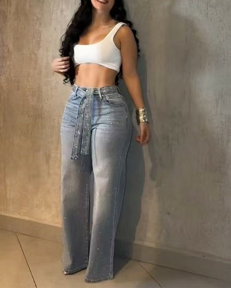 Allover Rhinestone High-Waist Wide-Leg Jeans with Belt