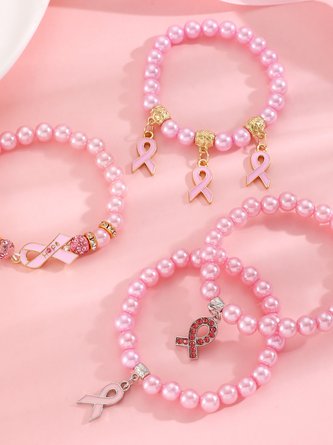 Pink Ribbon Pearl Bracelet & Necklace Set