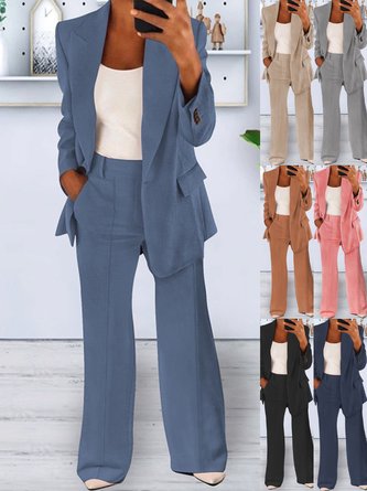 Women Plain Split-Joint Two-Piece Coat & Pants Matching Set